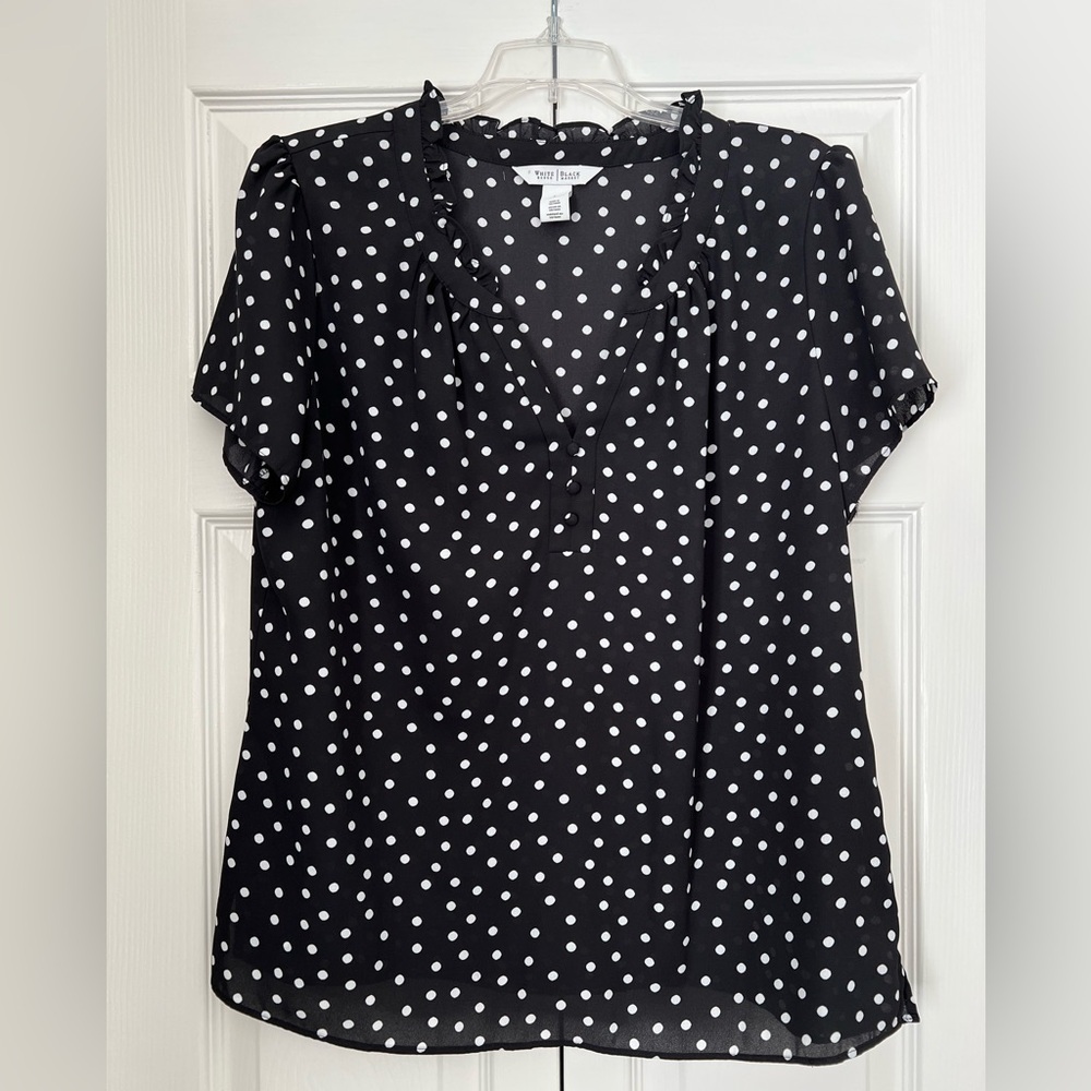 WHBM Black & White Polka Dot Short Sleeve Blouse, Size L